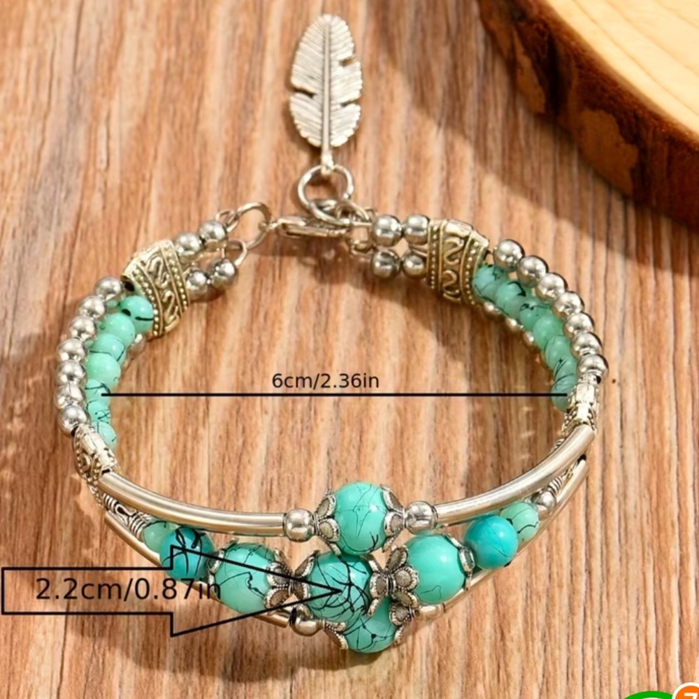 Woman’s Double Row Turquoise Bead Vintage Carved Feather Bracelet. - Picture 3 of 4